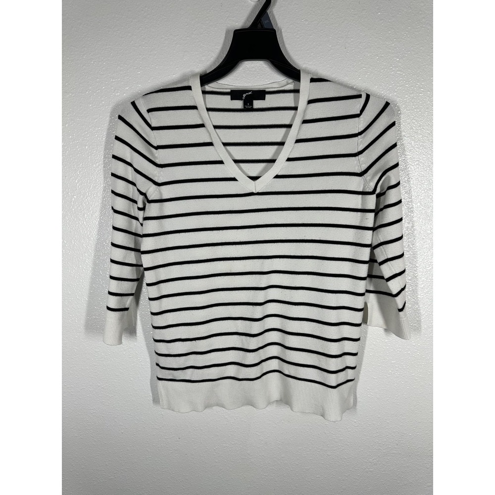 GNW Sweater Womens Small White Black Stripe V Neck 3/4 Sleeve Knit Pullover